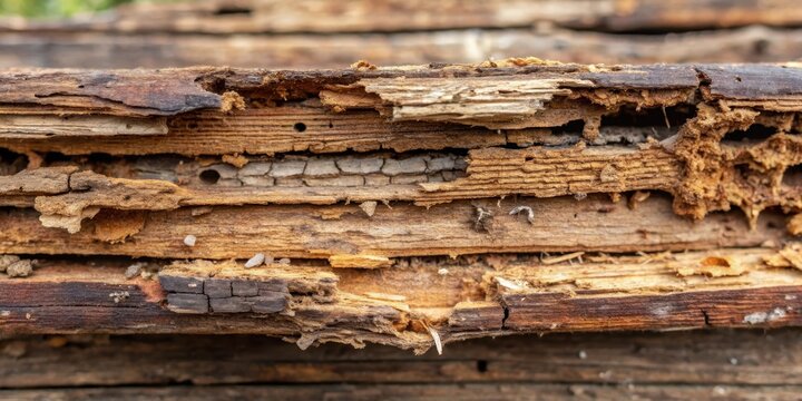 Decaying wooden beam with termite damage and mud tubes, wooden beams, termites