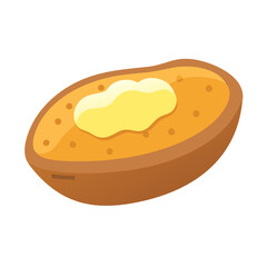 Baked Potato with Butter, Cartoon Isolated on Black