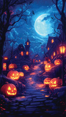 Fototapeta premium Mystical Halloween Scene with Stars and Pumpkins
