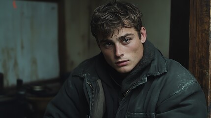 Fototapeta premium Young Man Pensive Portrait Dark Jacket Indoor Setting