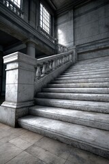 Fototapeta premium A grand, yet dilapidated staircase winds upwards, its banister worn smooth by time, shadows clinging to the unseen depths below - gloomy weathered eerie staircase atmospheric