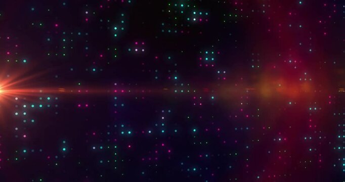 Abstract scene showing orange-red lens flare moving across cyber background, featuring glowing dots