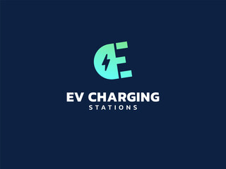 Electric vehicle charging with letter E Plug Connector Symbol logo vector design concept. Letter E logotype symbol for Electric Car, EV station, ui, web, ev business, infographic, new technology.