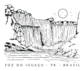 Hand-drawn illustration of the Iguaçu Falls, Paraná, Brazil. Art in free and simple lines.