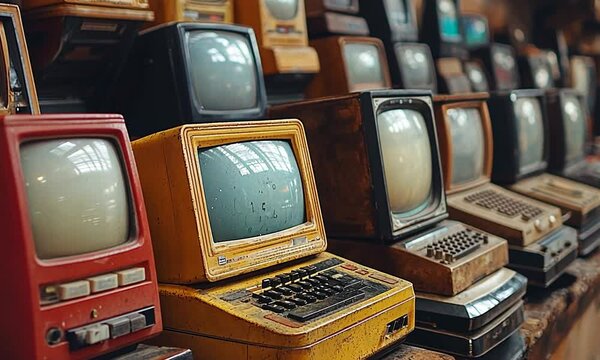 Vintage collection of retro computers displayed in a cluttered warehouse, showcasing nostalgia
