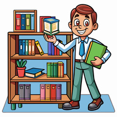 Smiling Cartoon Character Holding Books in a Library