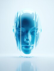 Symmetrical Futuristic Female Face in Translucent Blue, Split and Floating