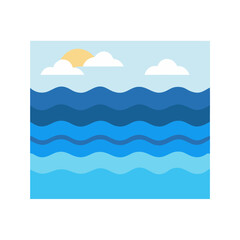 Calm blue sea with sun and clouds illustration