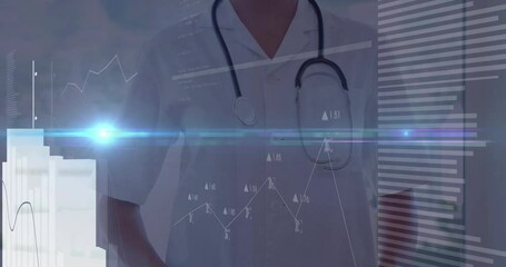 Woman examining medical data in clinical office, showing holographic line charts, bar graphs - Powered by Adobe