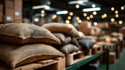 Rustic burlap coffee sacks stacked in warehouse