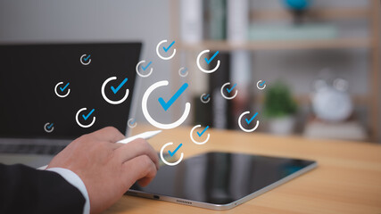 Audit business concept, Human checklist and filling survey form online, Compliance with internal...