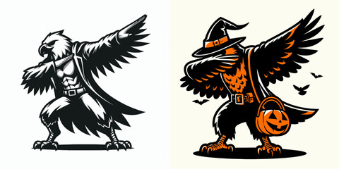 Naklejka premium Hawk wear halloween costume and pose dabbing. Funny Animal Vector Clip art. Bird attire spooky dress-up gesture holiday image.