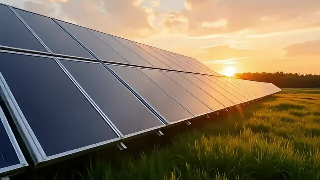A row of solar panels are lined up in a field, with the sun setting behind them. Concept of sustainability and environmental consciousness, as the use of solar energy is a clean. Generated with AI
