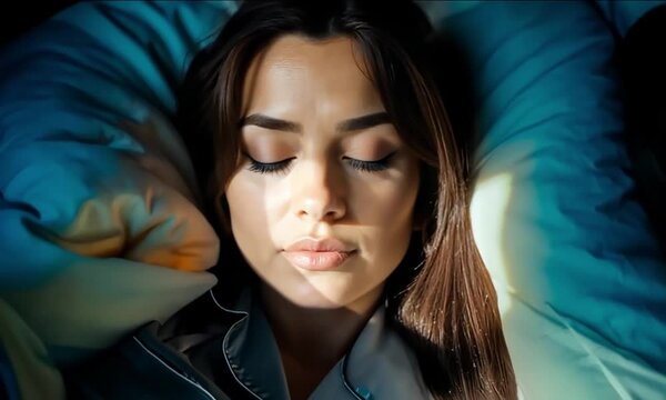 Mujer morena clara, latina, cabello casta&ntilde;o oscuro, despertando en su cama por la ma&ntilde;ana