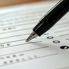Fototapeta premium Black Pen Filling Out Survey Form Close Up Detailed Image ink test exam tool life paper point macro 