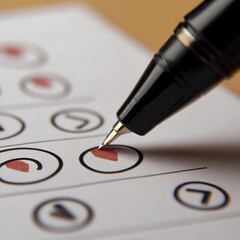 Black Pen Filling Survey Form Close Up Detailed Image ink red test exam quiz vote mark data macro   