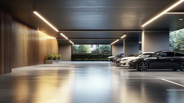 Modern, well-lit underground parking garage with sleek design