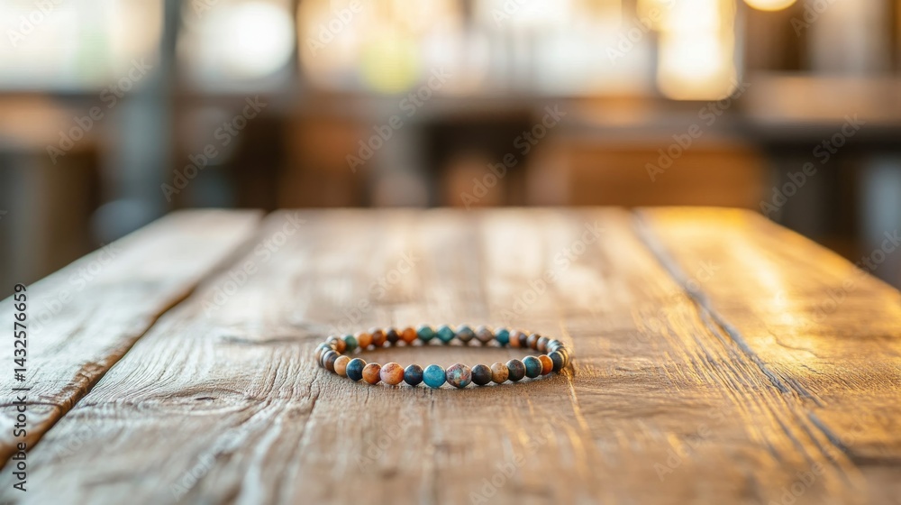 Aufkleber colorful bohemian bracelet rests on a rustic wooden table, illuminated by soft natural light, highli