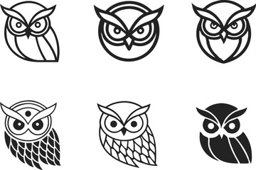 Various Owl Faces and Icons Minimalist Designs, Stylized Heads, Geometric Shapes, and Vector Owl Art 