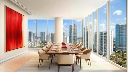 Luxury Miami dining room, city view, meeting