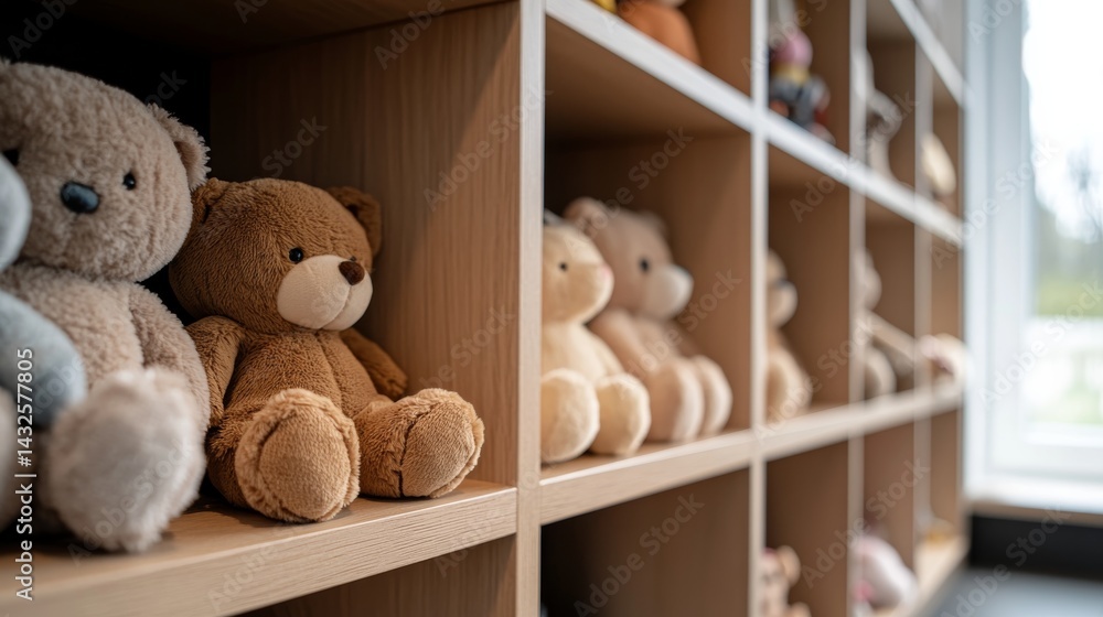 Leinwandbilder A close-up view showcases a hexagonal wall shelf filled with an array of plush toys, their textures gently lit by sun streaming through a nearby window