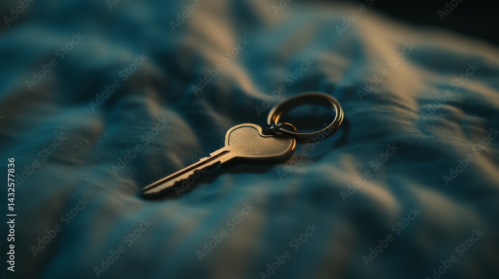 Aufkleber A single house key attached to a heart-shaped keyring is resting on soft fabric, featuring ample negative space for a customizable design element on the right