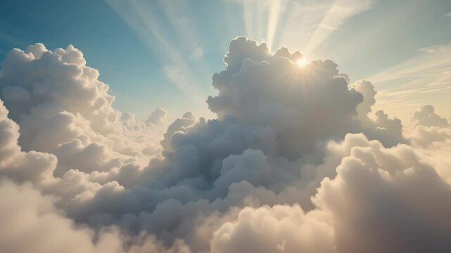 Seamless beautiful realistic skies flying through white infinite clouds towards ground visible over cumulus lush clouds at sunset. Looped 3d 4k ultra HD animation