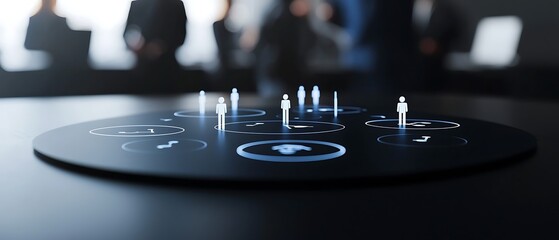 Business meeting with figures on a circular surface showing connections and blurred people in the background