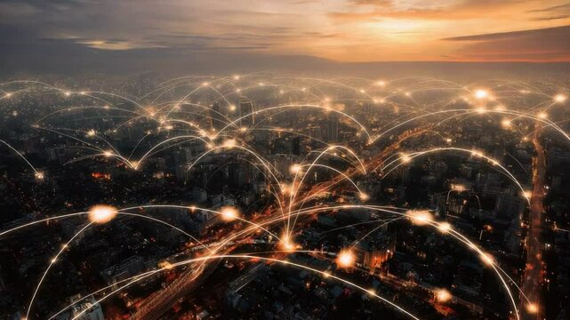 Digital City Grid: A vibrant cityscape pulsates with interconnected networks, showcasing a network of advanced connectivity across the city. - Powered by Adobe