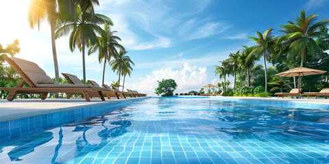 Crystal pastel blue clear pool surrounded by blurred lush palm trees under the blue sky. 
