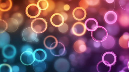 A colorful bokeh background featuring glowing concentric circles in shades of orange, pink, and blue. The overlapping and blurred lights create a vibrant and festive atmosphere.