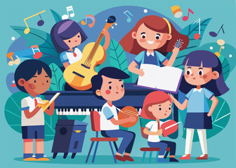 Children Music Class. Learning and Playing Instruments Together