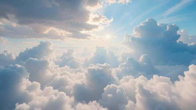 Seamless beautiful realistic skies flying through white infinite clouds towards ground visible over cumulus lush clouds at sunset. Looped 3d 4k ultra HD animation