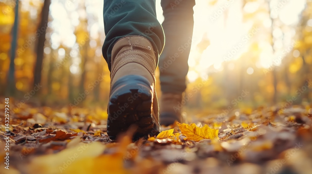 Poster A single boot steps on colorful orange and yellow leaves along a textured forest path, surrounded by the warm light of autumn afternoons