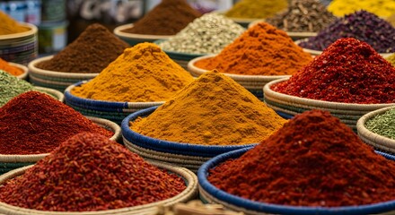 Vibrant Spices at a Moroccan Market: A Colorful Array of Aromatic Powders