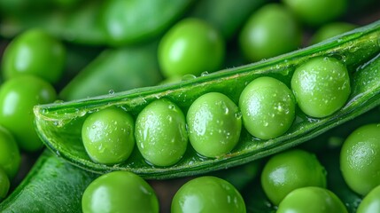 A close up of green peas with a pea pod in the middle
