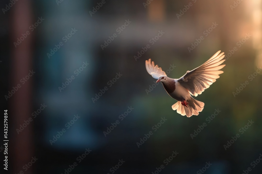 Poster a single white dove soars with wings outstretched, illuminated by soft light that enhances its delic