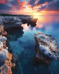 Stunning Coastal Sunset: Serene Seascape with Rocky Shore and Vibrant Sky