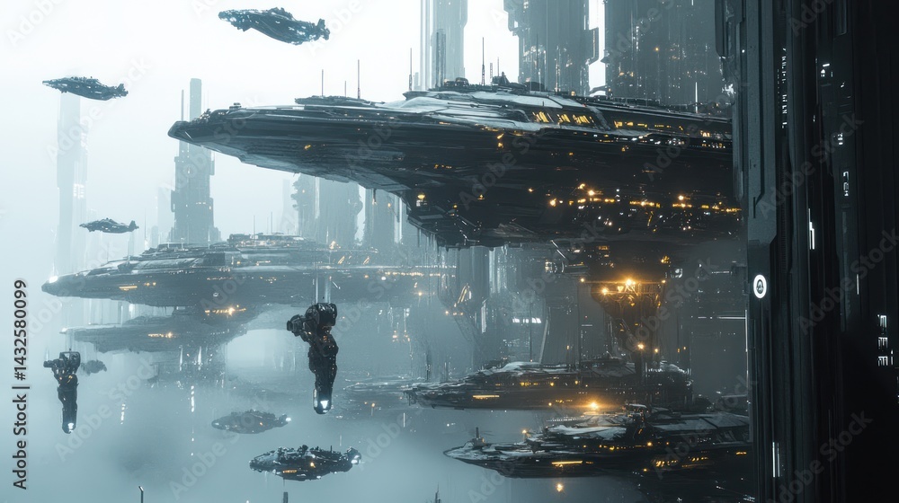 Aufkleber futuristic cityscape with advanced spaceships floating amidst towering structures