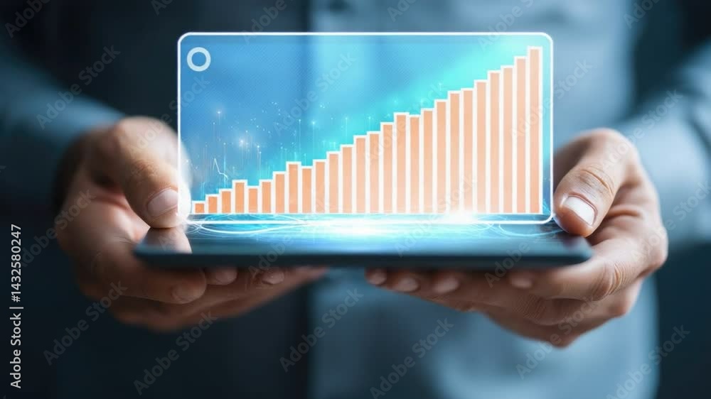 Aufkleber market growth displayed: hands hold a futuristic digital interface that graphically demonstrates mar