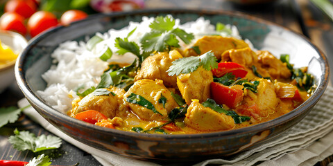 rice with chicken on the table. 