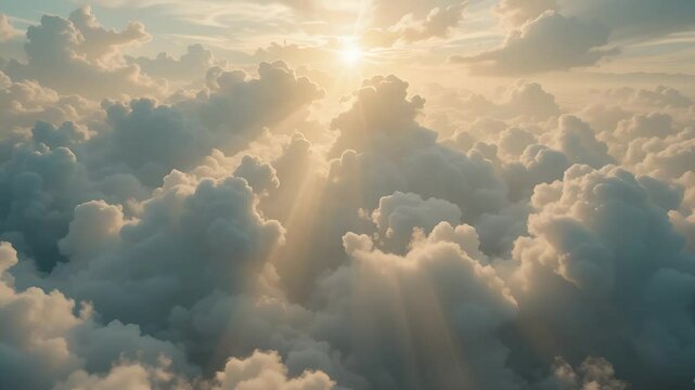 Seamless beautiful realistic skies flying through white infinite clouds towards ground visible over cumulus lush clouds at sunset. Looped 3d 4k ultra HD animation
