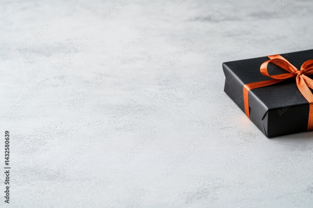 Poster a small matte black gift box elegantly tied with a glossy red ribbon sits on a textured white surfac