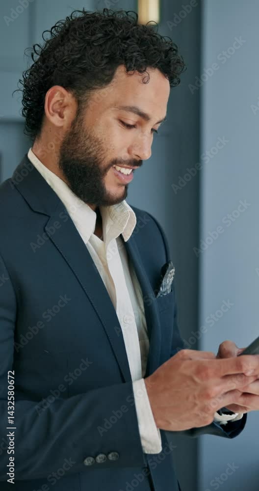 Poster man, phone and texting by window at office with networking, negotiation or contact at real estate ag