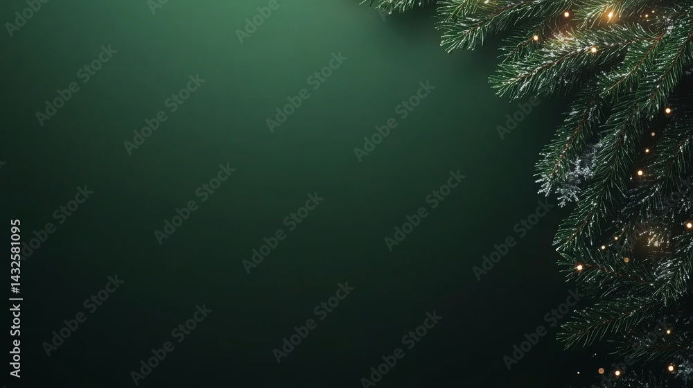 Aufkleber Close-up view of a spruce branch beautifully adorned with sparkling snowflakes, set within a circular frame against a rich dark green backdrop, perfect for celebrations