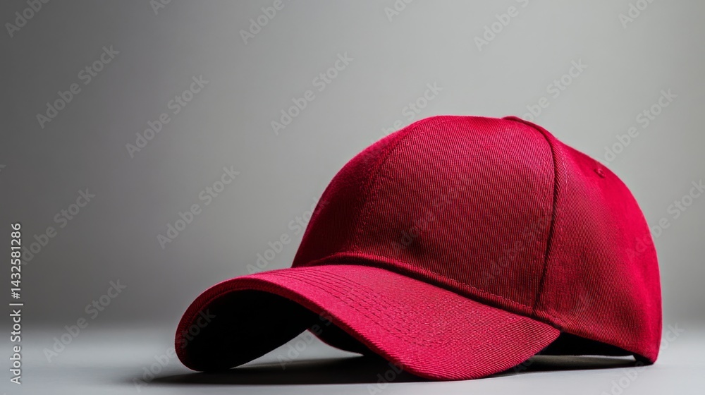 Aufkleber close-up view of a red baseball cap on a gray surface, beautifully illuminated by natural light, emp