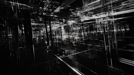 Fototapeta premium Abstract Digital Cityscape: A Monochrome Exploration of Virtual Architecture and Technological Structures