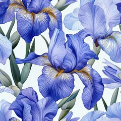 Irises flowers plants floral blooming botanical seamless pattern ornament design, tile