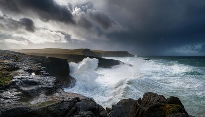 Obraz premium Majestic Coastal Storms: Dramatic Waves Crashing Against Rugged Cliffs Under Moody Skies