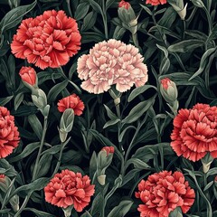 Carnations flowers plants floral blooming botanical seamless pattern ornament design, tile